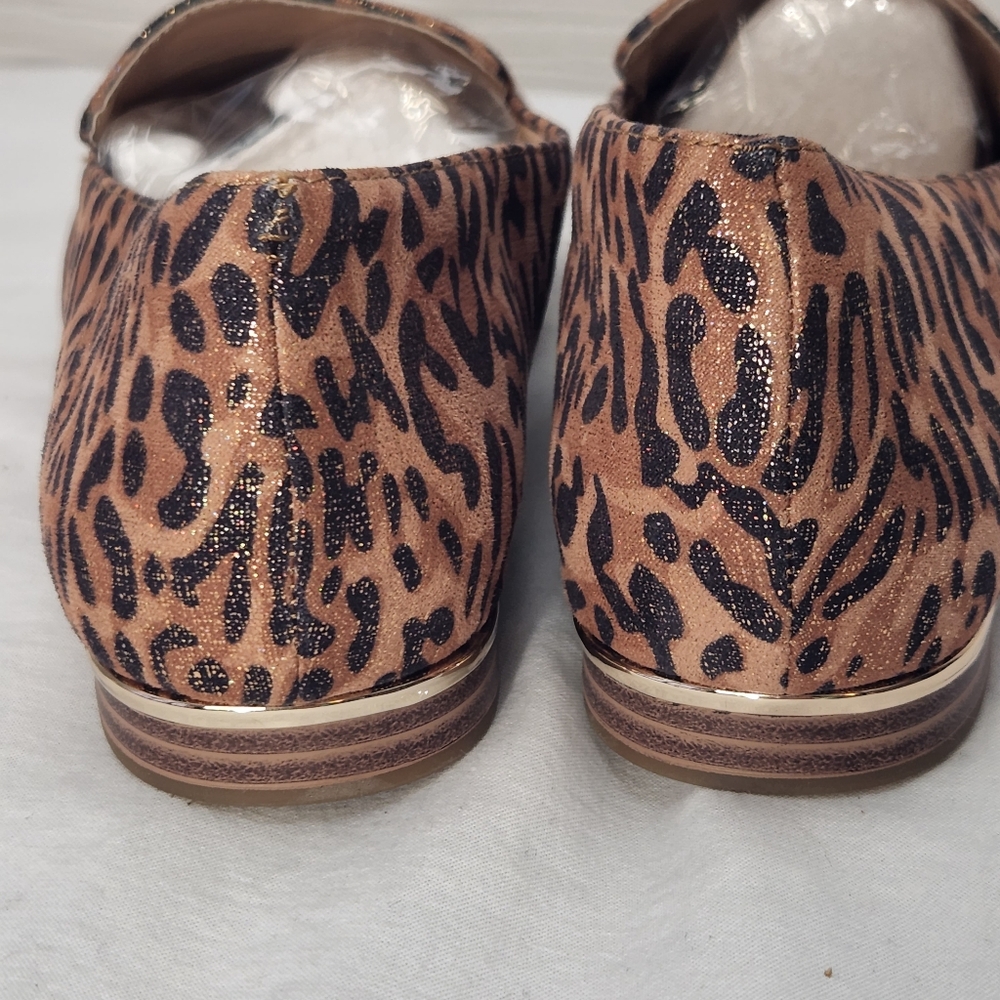 Alex Marie Barton New Gold Metallic Leopard Print Comfort Flat Loafers Sz 8 Cork - Picture 3 of 11